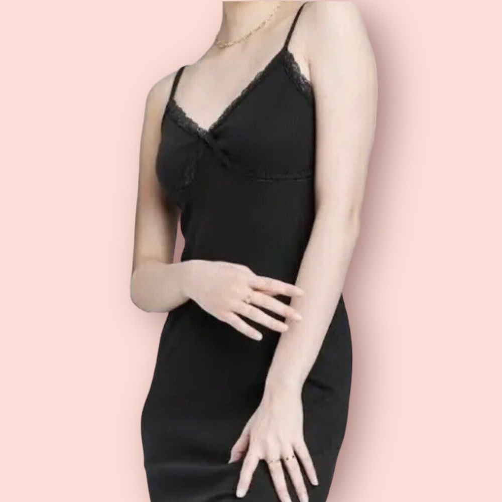Wild Fable Black Fine Ribbed Knit Bodycon Lace‎ Trim Slip Dress, Size XXS NEW!